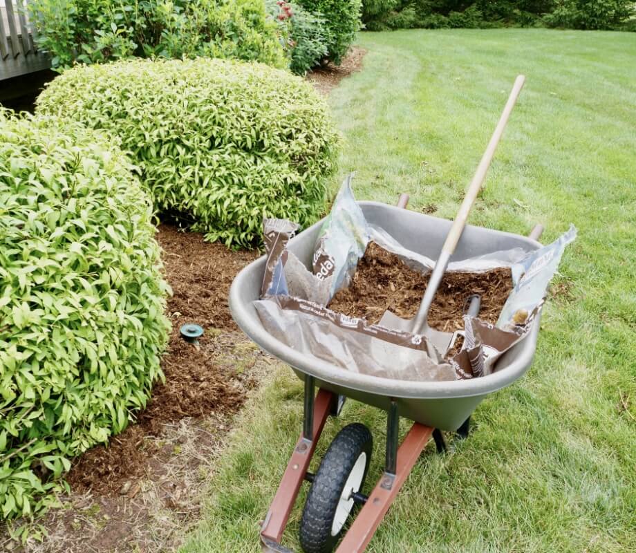 a wheelbarrow full of mulch with a spade in it next to some bushes