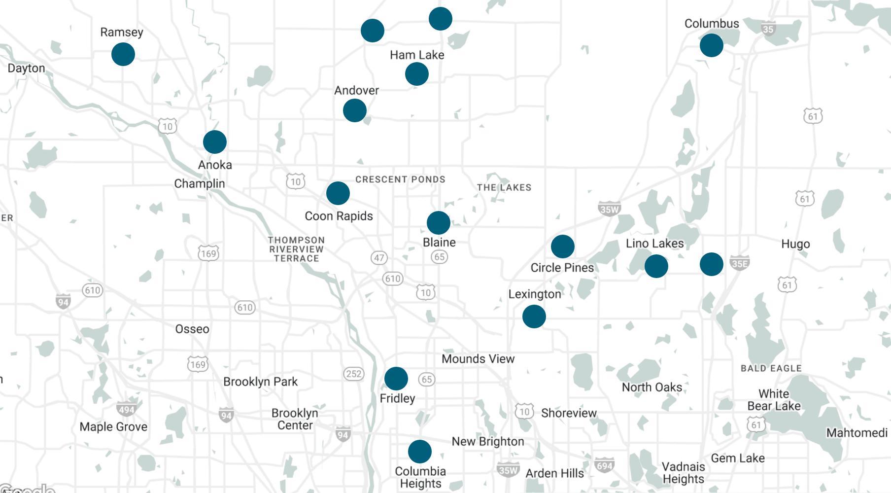 a google map of anoka county locations